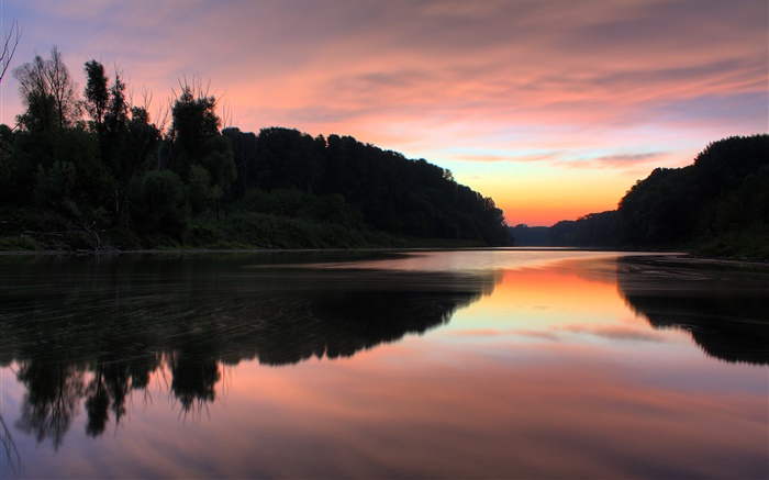 Sunset, river, trees, red sky, water reflection Wallpapers Pictures Photos Images
