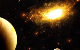 Supernova explosions, flying debris, space, planet