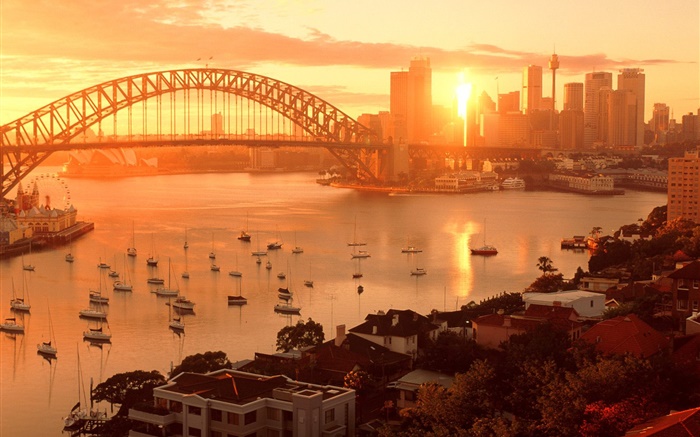 Sydney, Australia, city sunset, bridge, river, buildings, warm sun Wallpapers Pictures Photos Images
