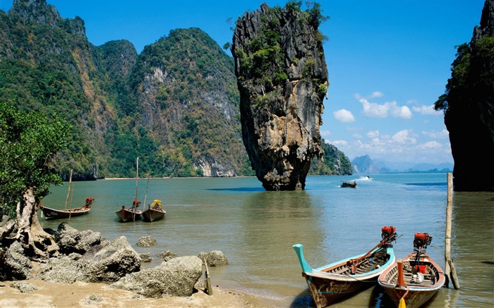 Thailand scenery, sea, coast, boats, cliff, rocks Wallpapers Pictures Photos Images