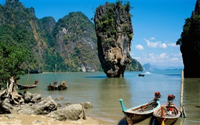 Thailand scenery, sea, coast, boats, cliff, rocks HD wallpaper