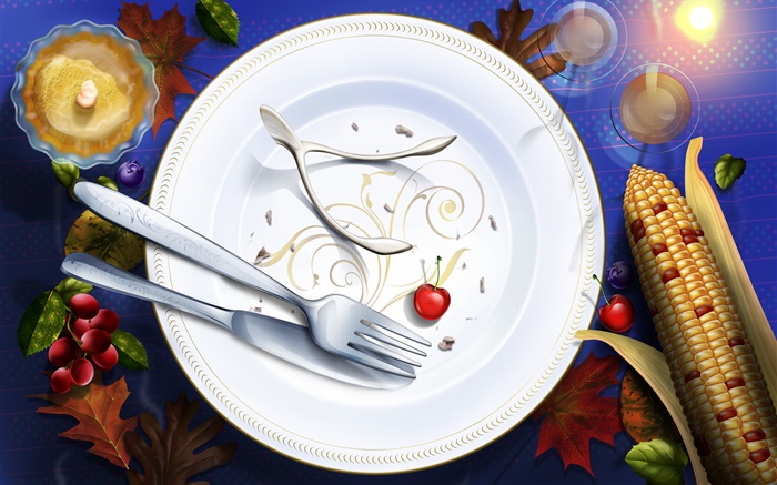 Thanksgiving pictures, art paintings, dishes, knives, forks, cherry Wallpapers Pictures Photos Images