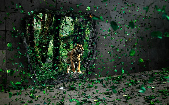 Tiger in the forest, green leaves flying, creative pictures Wallpapers Pictures Photos Images