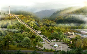 Top view the park, stairs, gates, trees, fog, 3D design