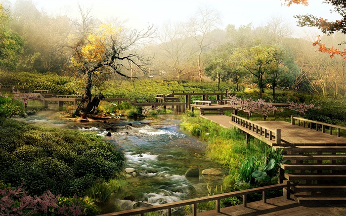 Trees, creek, wooden path, park, 3D design pictures Wallpapers Pictures Photos Images