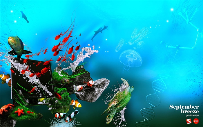 Underwater, sea, fish, monitor, DNA, creative design Wallpapers Pictures Photos Images