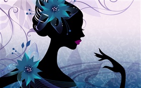 Vector design, girl, left view, flowers, blue background