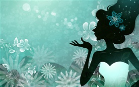 Vector girl, blue background, flowers, stars
