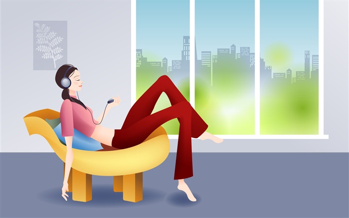 Vector girl listening music, chair, night Wallpapers Pictures Photos Images