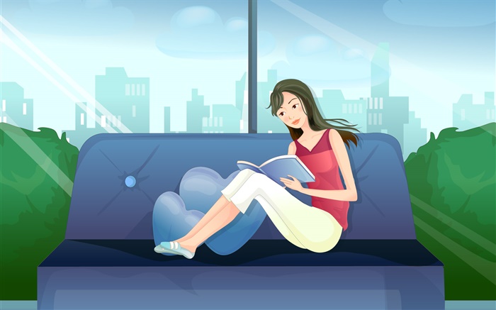 Vector girl, red dress, reading book on sofa Wallpapers Pictures Photos Images