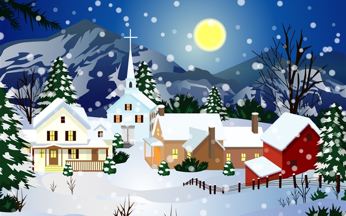 Vector pictures, thick snow, house, moon, Christmas Wallpapers Pictures Photos Images