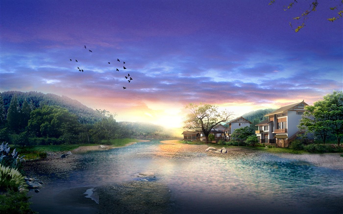 Village, river, trees, birds, sunset, clouds, 3D render design Wallpapers Pictures Photos Images