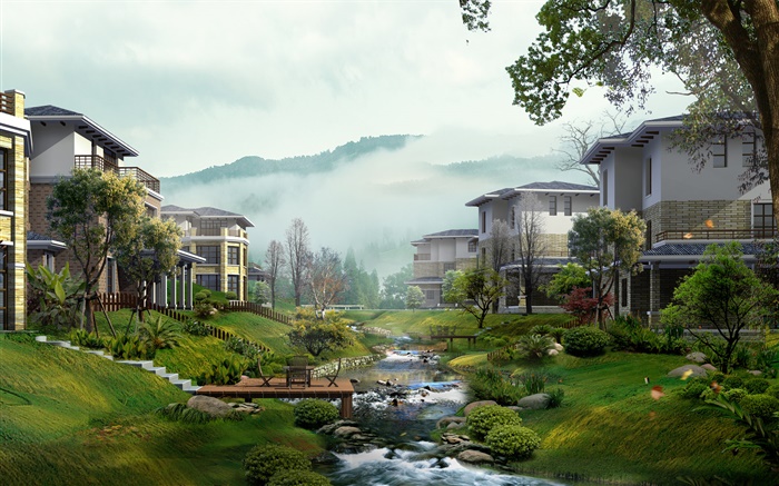 Villas, creek, trees, fog, 3D render design Wallpapers Pictures Photos Images