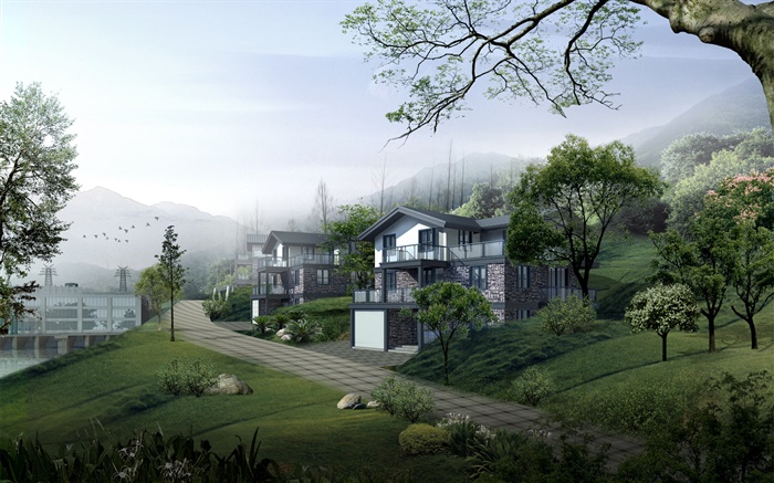 Villas, road, trees, mountains, 3D design Wallpapers Pictures Photos Images