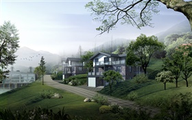 Villas, road, trees, mountains, 3D design HD wallpaper