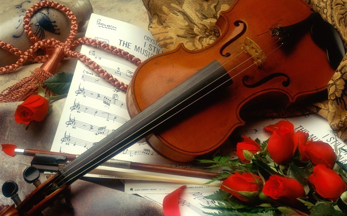 Violin, red roses, music Wallpapers Pictures Photos Images