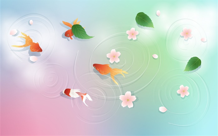 Water, goldfish, leaves, flowers, vector design Wallpapers Pictures Photos Images