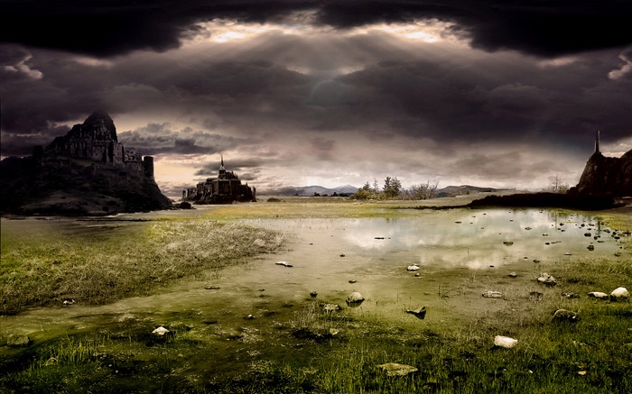 Water, grass, ground, castle, clouds Wallpapers Pictures Photos Images