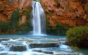 Waterfalls, rocks, cliff, lake, creek HD wallpaper