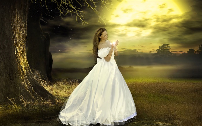 White dress fantasy girl, dusk, magical Wallpapers Pictures Photos Images