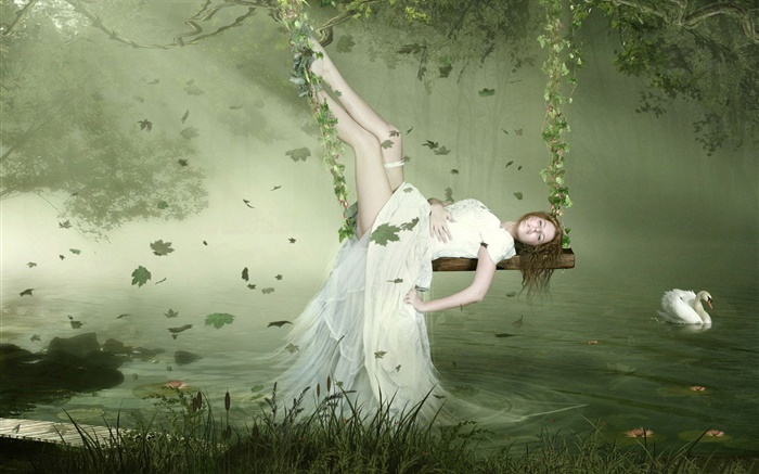 White dress fantasy girl lying on the swing, swan, lake, leaves Wallpapers Pictures Photos Images