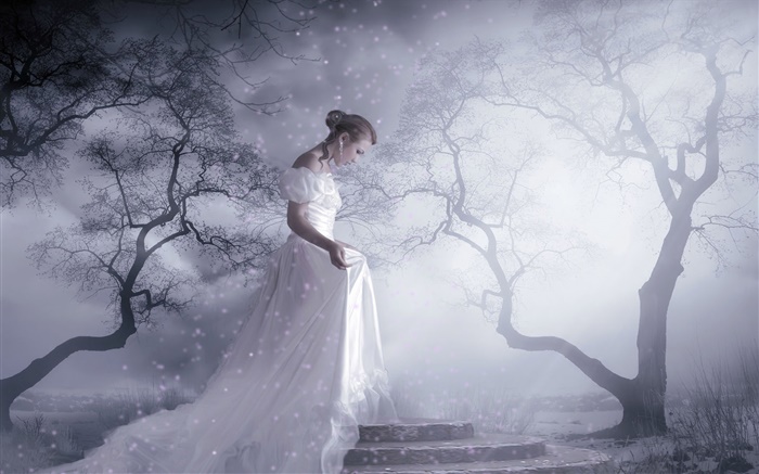 White dress fantasy girl, trees, snow, light rays Wallpapers Pictures Photos Images