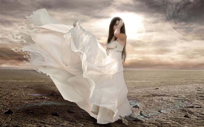 White dress fantasy girl, wind, sun Wallpapers Pictures Photos Images