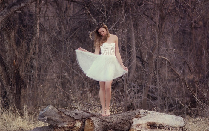 White dress girl, forest, lonely Wallpapers Pictures Photos Images