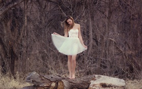 White dress girl, forest, lonely