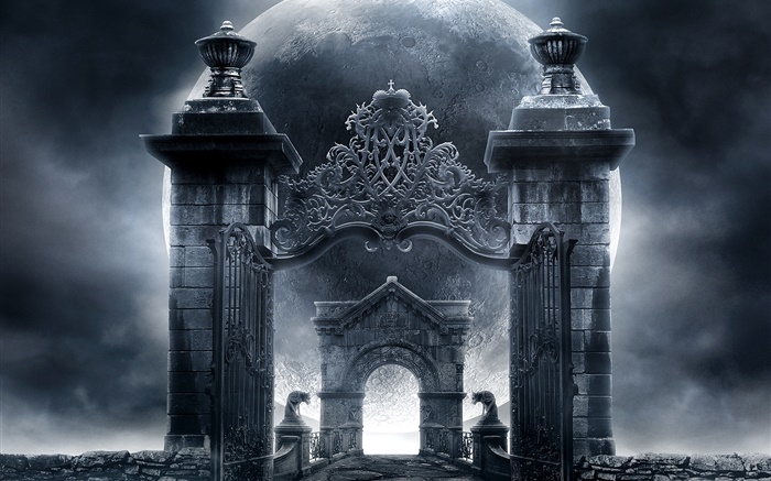 Witches castle gate, moon, creative design Wallpapers Pictures Photos Images