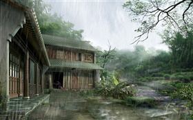 Wood house, heavy rain, trees, 3D render pictures HD wallpaper