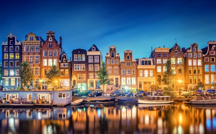 Amsterdam, Nederland, city, evening, river, houses, lights Wallpapers Pictures Photos Images