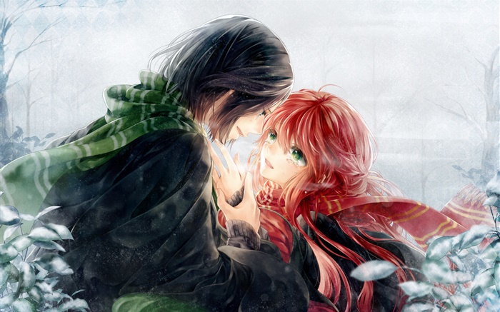 Art anime, lovers, red hair girl and short hair boy Wallpapers Pictures Photos Images