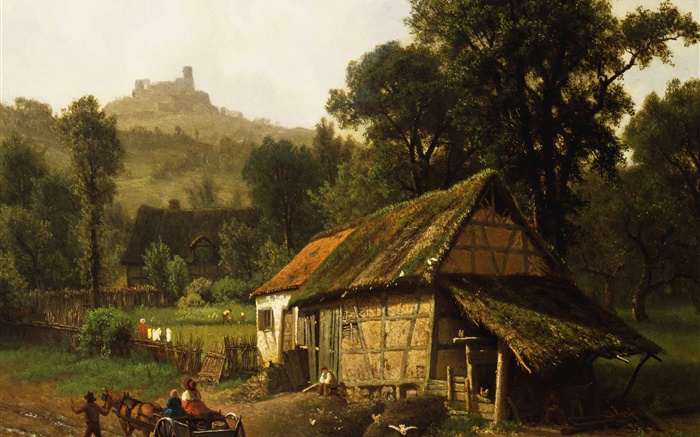 Art painting, countryside, house, wagon, trees, mountain Wallpapers Pictures Photos Images