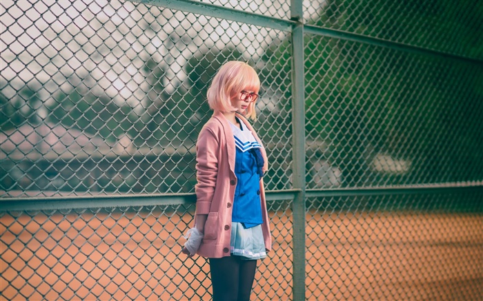 Asian school girl, glasses, pink clothes, fence Wallpapers Pictures Photos Images