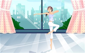 Asian young girl dance, room, window, vector pictures