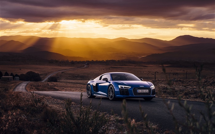 Audi R8 V10 blue car, sunset, clouds Wallpapers Pictures Photos Images