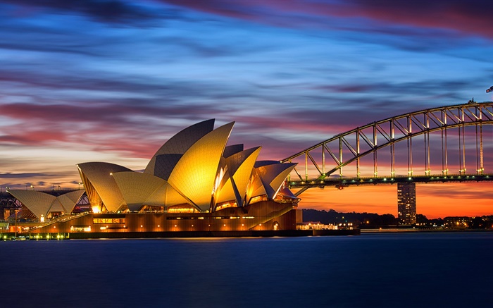 Australia, Sydney Opera House, bridge, evening, lights, sea Wallpapers Pictures Photos Images