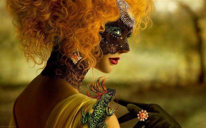 Beautiful blonde girl, fantasy, mask, chameleon Wallpapers Pictures Photos Images