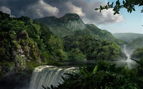 Beautiful landscape, waterfalls, mountains, plants HD wallpaper