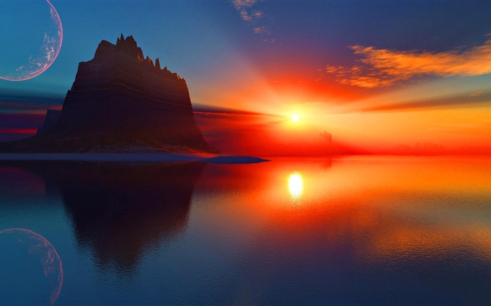 Beautiful sunset, red sky, clouds, sun rays, sea, mountain Wallpapers Pictures Photos Images