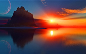 Beautiful sunset, red sky, clouds, sun rays, sea, mountain HD wallpaper