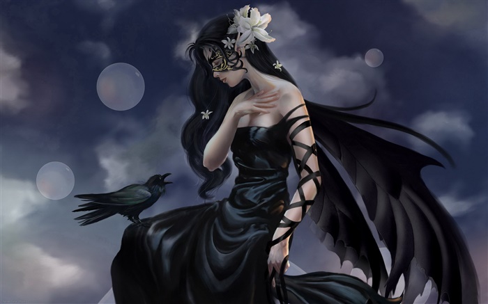Black dress fantasy girl, crow wizard, wings Wallpapers Pictures Photos Images