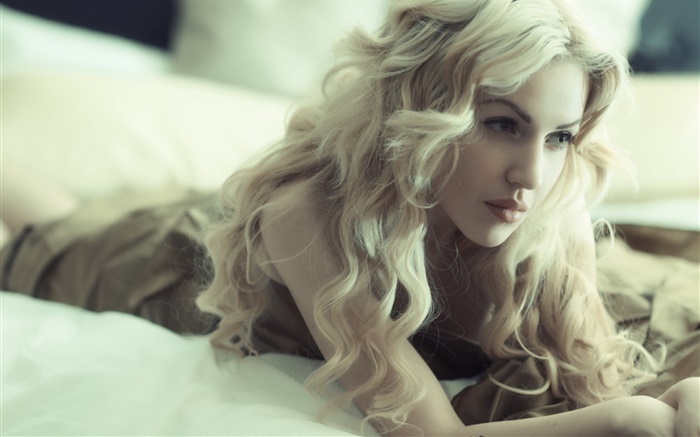 Blonde girl, curly hair, lying bed Wallpapers Pictures Photos Images