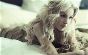 Blonde girl, curly hair, lying bed HD wallpaper