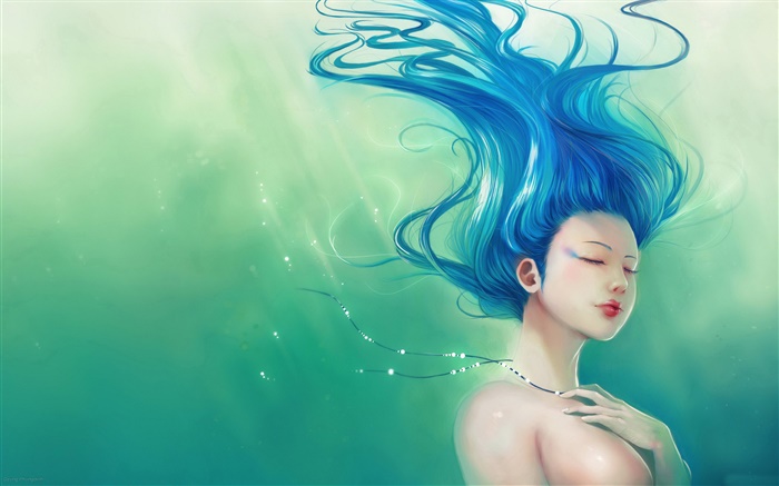 Blue hair fantasy girl, hair flying Wallpapers Pictures Photos Images