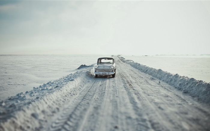 Car, road, snow, retro style Wallpapers Pictures Photos Images