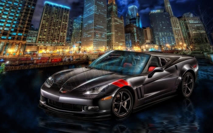 Chevrolet Corvette supercar, city, night, skyscrapers Wallpapers Pictures Photos Images