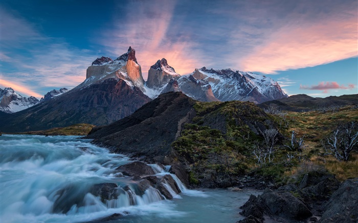 Chile, Patagonia, National Park Torres del Paine, mountains, river, sunrise Wallpapers Pictures Photos Images