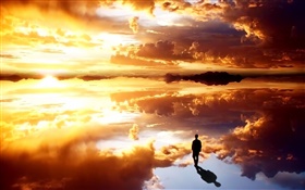Clouds, sunset, person, reflection HD wallpaper